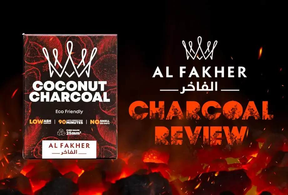 Al Fakher natural coconut charcoal box against background of burning charcoal